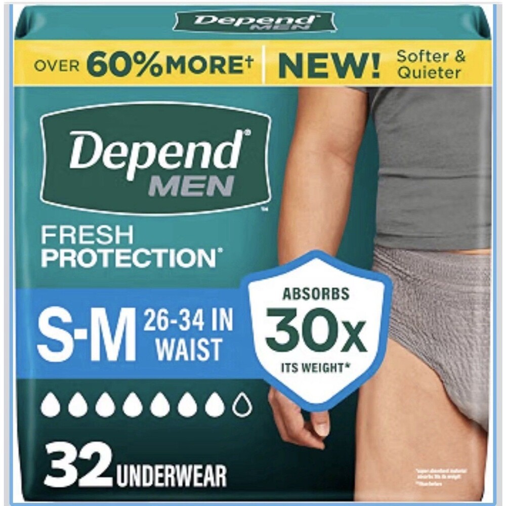 Depend Men's Fresh Protection Incontinence Underwear S/M 32 Count Dmg Bag